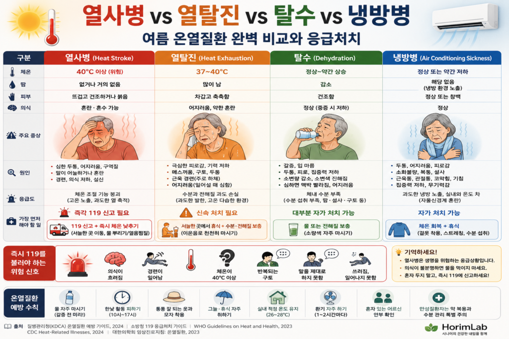 열사병, 열탈진, 탈수, 냉방병 증상 비교 그래픽